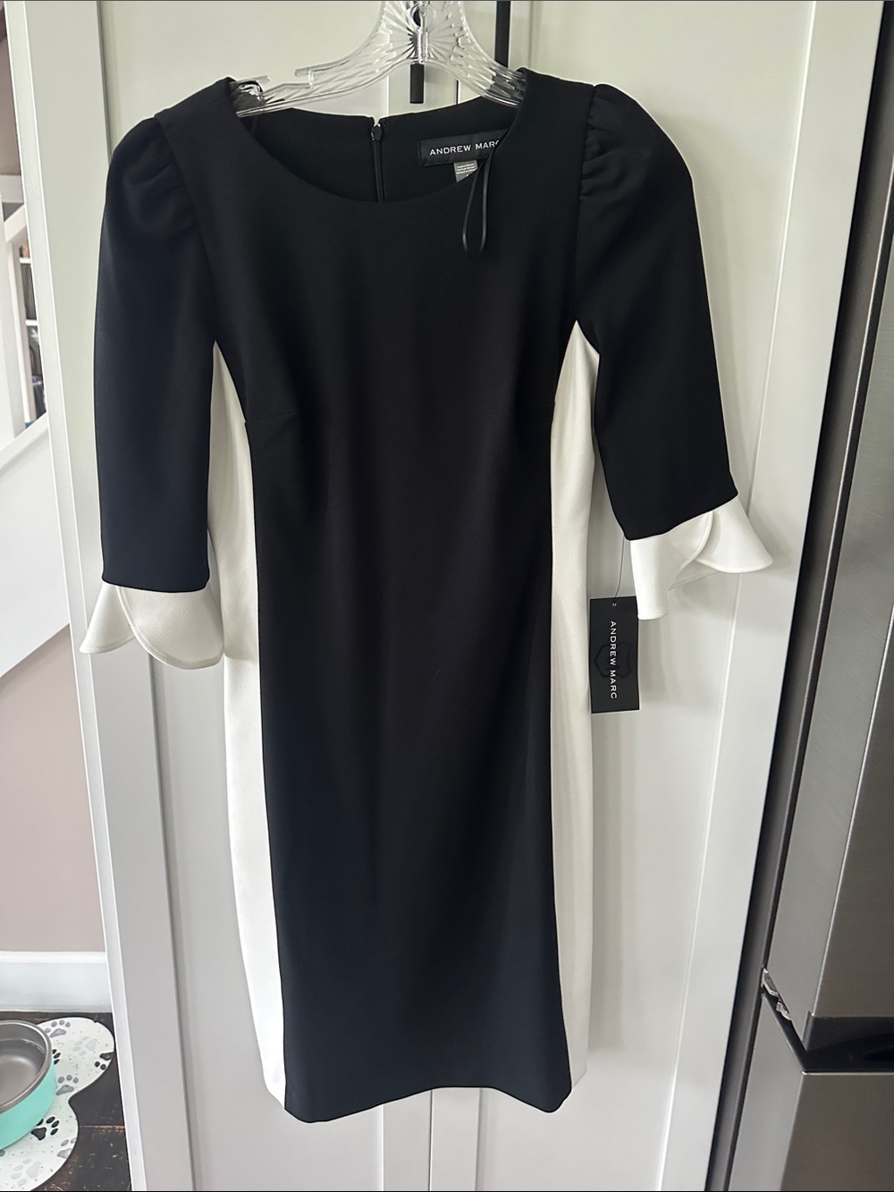 Andrew Marc Black and White Puff-Sleeve Sheath Dress